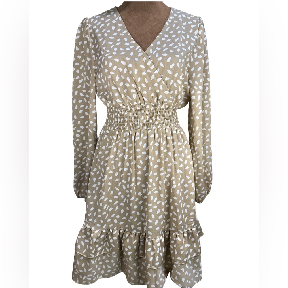 Boho‎ Midi Dress Medium Tan White Dot Smocked Waist Wrap